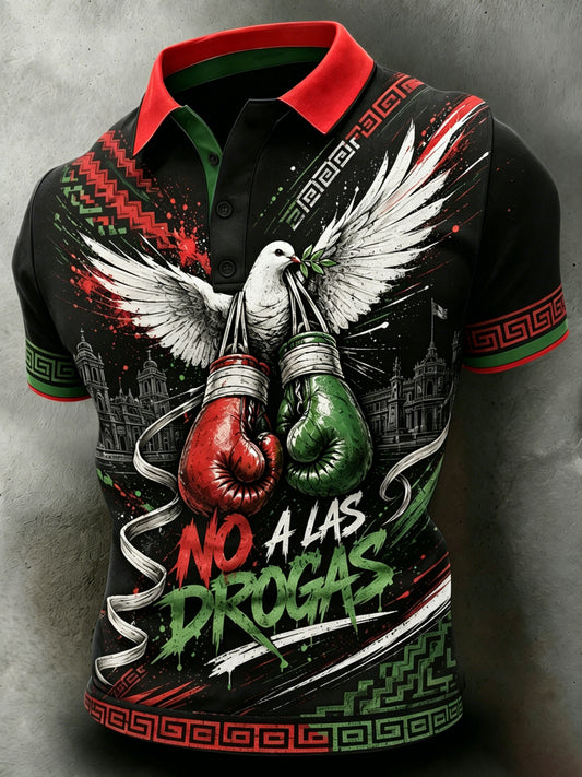 Polo estampado para hombre con diseño de temática mexicana: “Vida amorosa, rechaza la violencia”