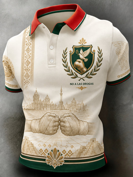 Polo estampado para hombre con diseño de temática mexicana: “Vida amorosa, rechaza la violencia”
