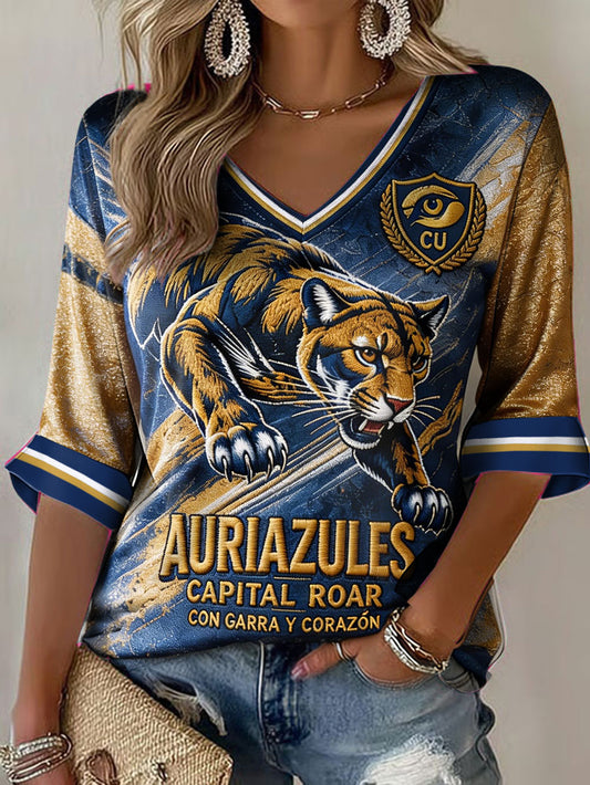 Camiseta estampada para amantes del fútbol mexicano Vamos Auriazules para mujer