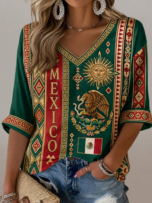 Top mexicano para mujer con cuello en V y estampado de arte Aztec Totem