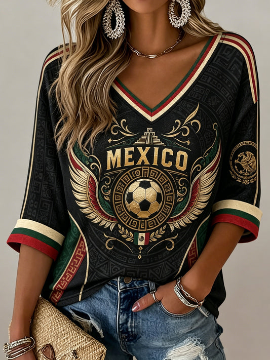 Camiseta de cuello en V para mujeres, aficionadas al fútbol mexicano, con estampado artístico de tótem azteca