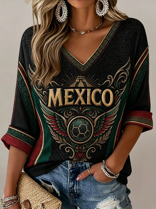 Camiseta de cuello en V para mujeres, aficionadas al fútbol mexicano, con estampado artístico de tótem azteca