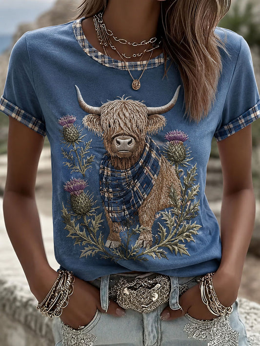 Camiseta de mezclilla escocesa estampada para mujer