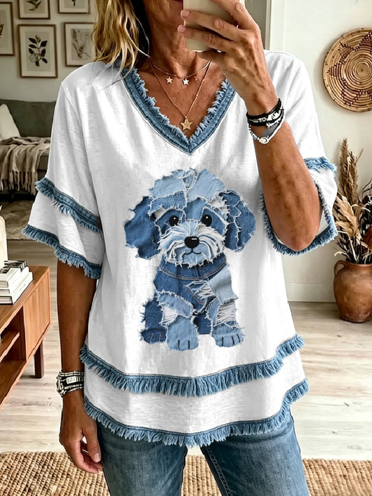 Mujer Lovely Dog Denim Patchwork Art Tassel Top