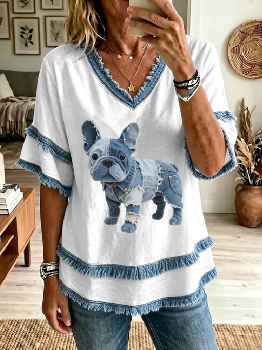 Mujer encantadora Bulldog francés Denim Patchwork Art Tassel Top