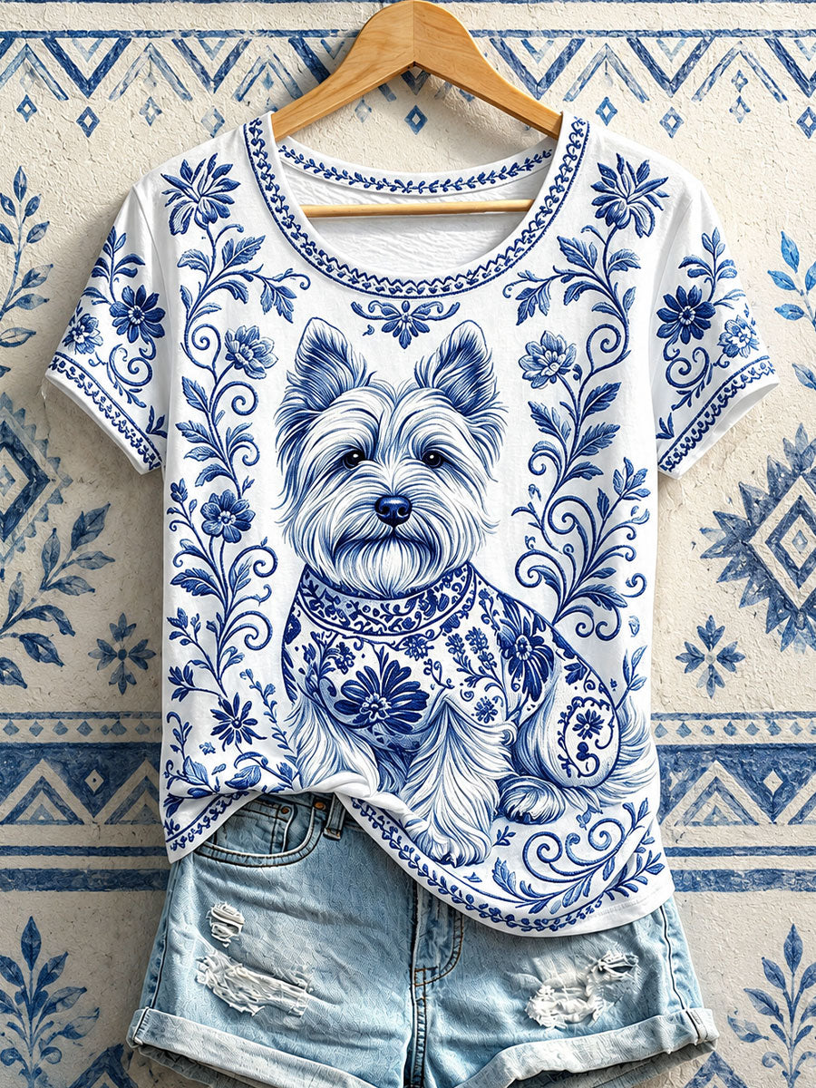 Camisetas con estampado de perro Floral de mujer