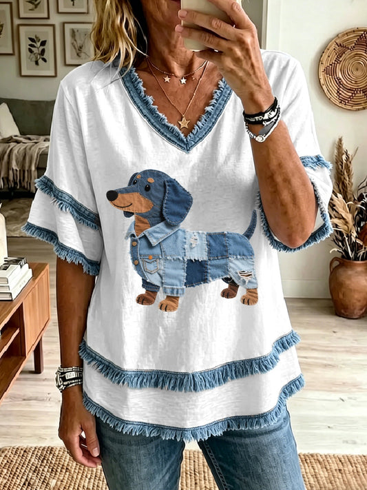 Mujer encantadora Dachshund Denim Patchwork Art Tassel Top