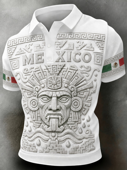 Polo con temática de fútbol mexicano para hombre con estampado de tótem azteca