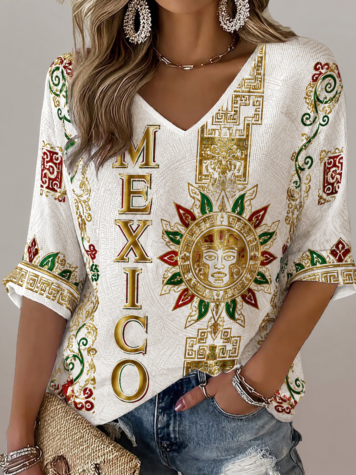 Top con estampado de arte Aztec Totem Match de fútbol mexicano para mujer
