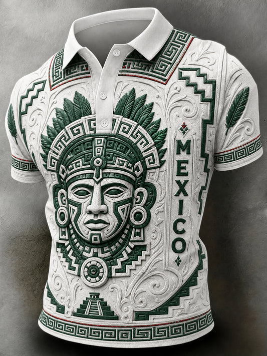 Polera para hombre con temática futbolística mexicana y estampado de tótem azteca