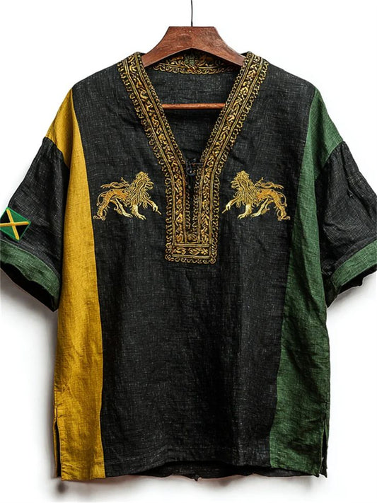 Hombres Negro Orgullo Reggae Lions Jamaica Flag Colorblock Camisa de manga corta