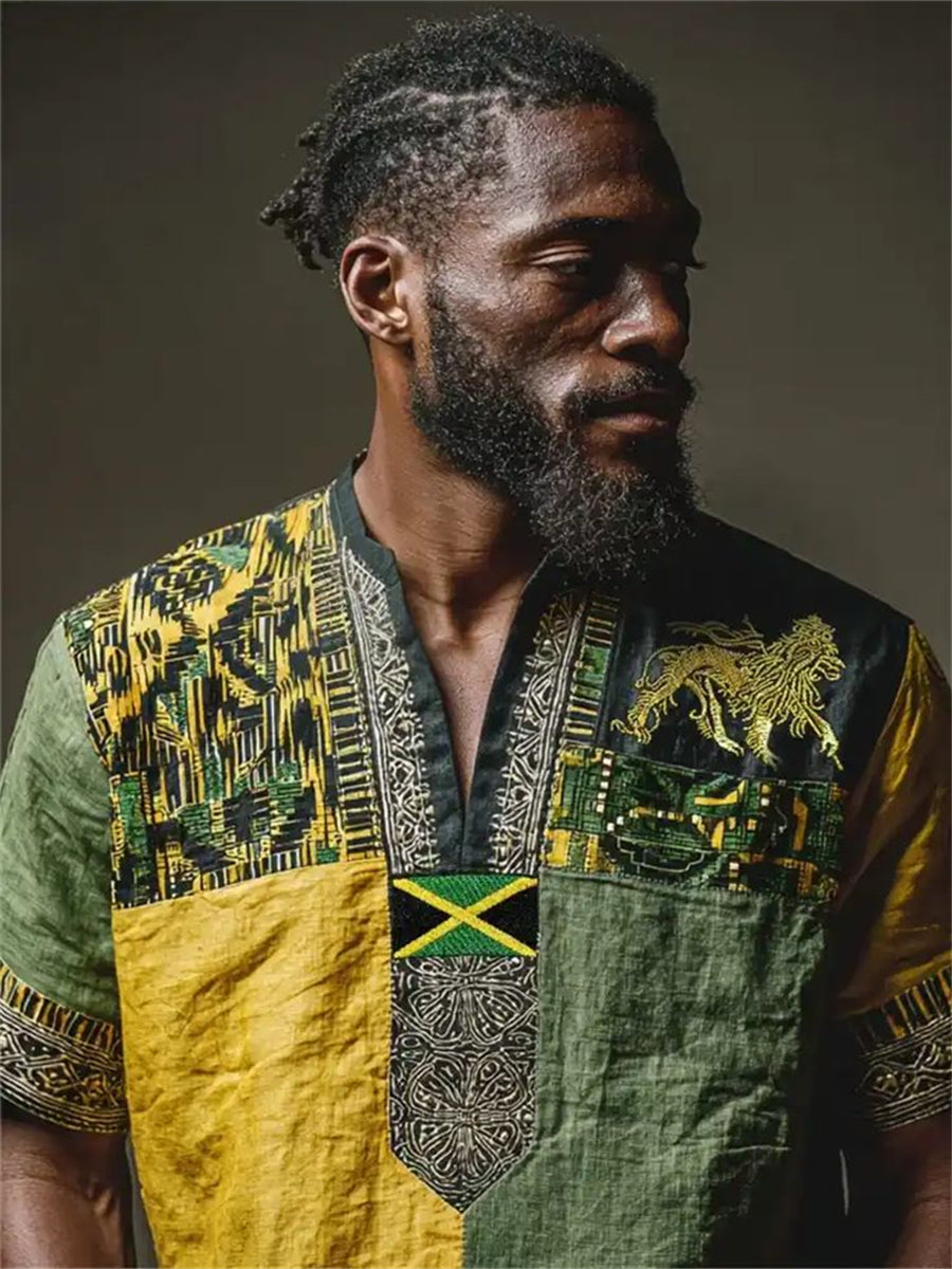 Reggae Lion Jamaica Flag African Kente Colorblock Print Camisa de manga corta para hombre