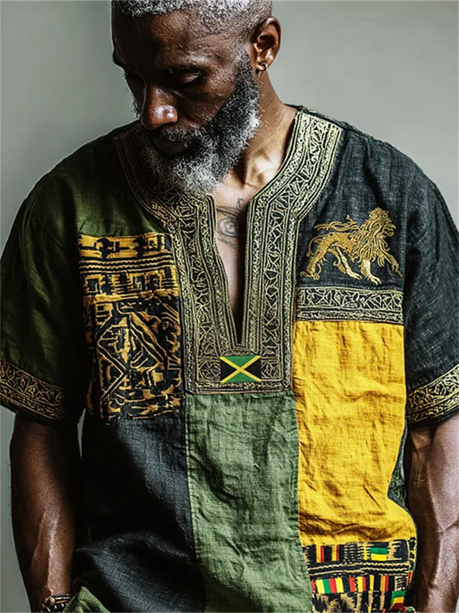 Hombres Reggae Lion Jamaica Flag African Kente Patchwork Print Camisa de manga corta