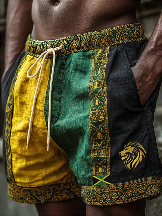 Pantalones cortos de lino con estampado de colores étnicos de la bandera de Jamaica del león del reggae de los hombres
