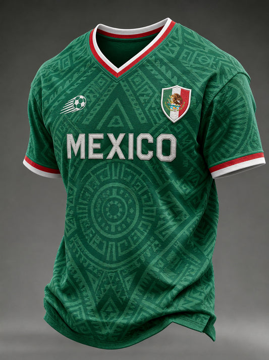 Camiseta casual de manga corta con cuello en V y estampado deportivo de fútbol para hombre