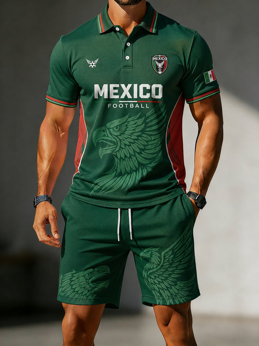 Conjunto de camisa polo informal de manga corta con estampado temático de fútbol para hombre