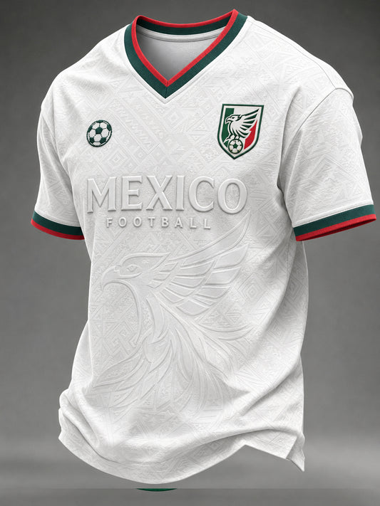 Camiseta casual de manga corta con cuello en V y estampado deportivo de fútbol para hombre