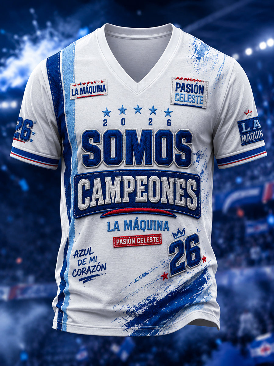 Camiseta casual de hombre con cuello en V y estampado Campeones 2026