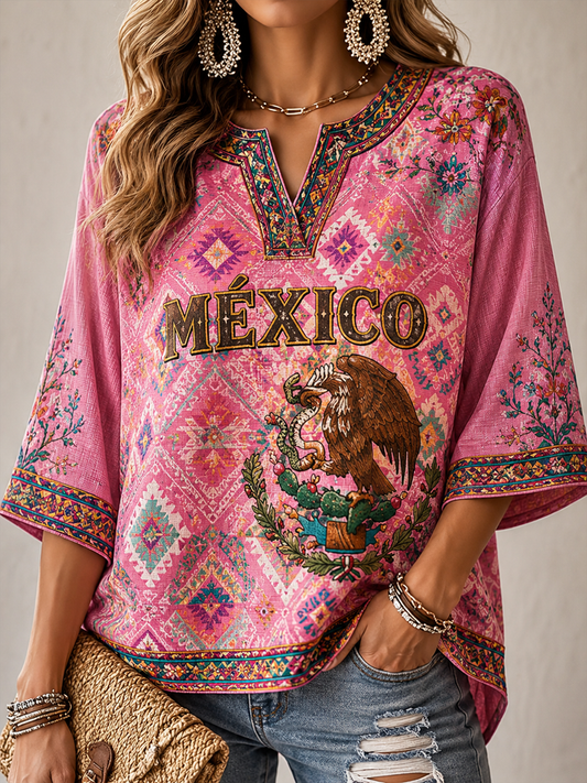 Camiseta de mujer con estampado mexicano, mangas a media altura y cuello en V