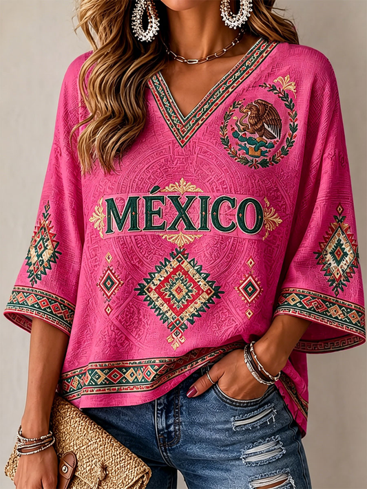 Camiseta de mujer con estampado mexicano, mangas a media altura y cuello en V