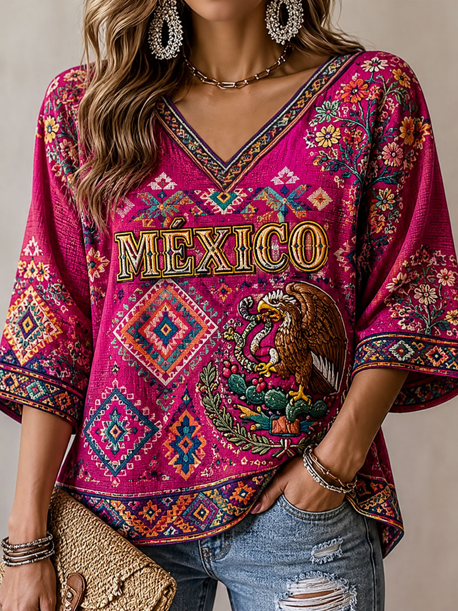 Mujer México orgulloso arte impreso mediados de-longitud mangas V-cuello de la camiseta
