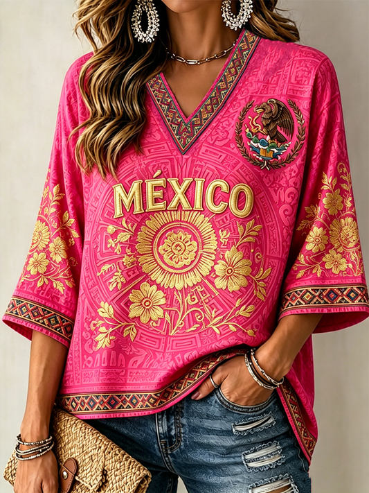 Camiseta de mujer con estampado mexicano, mangas a media altura y cuello en V