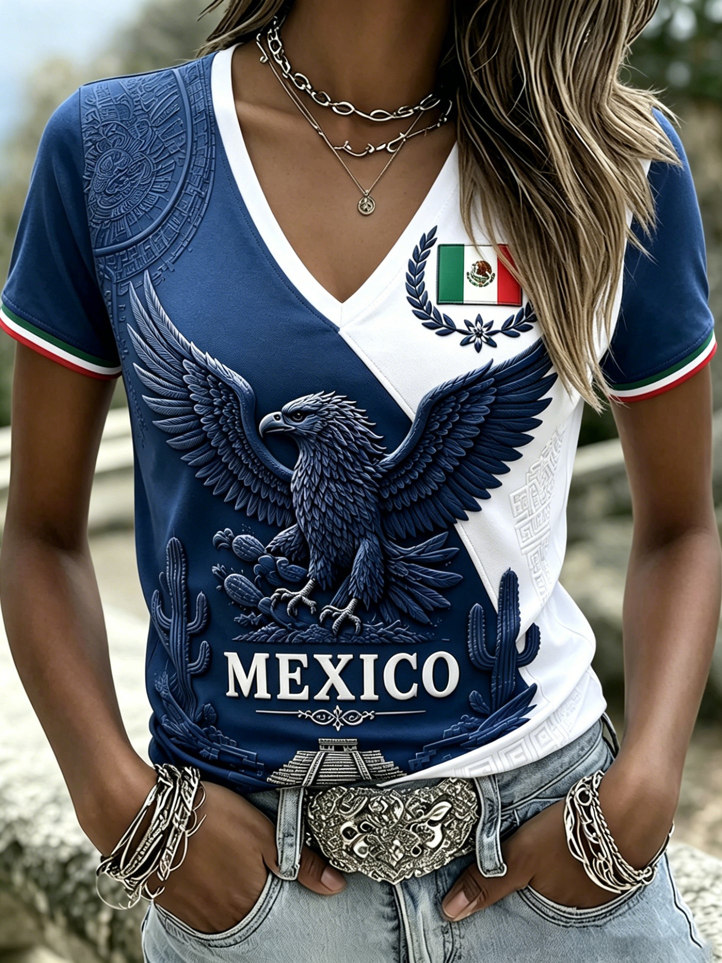 Camiseta con estampado artístico de animación en partido de fútbol femenino mexicano