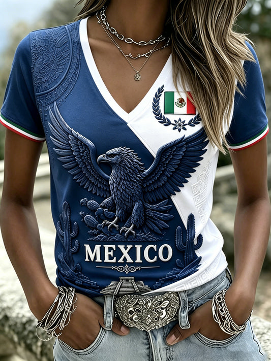Camiseta con estampado artístico de animación en partido de fútbol femenino mexicano