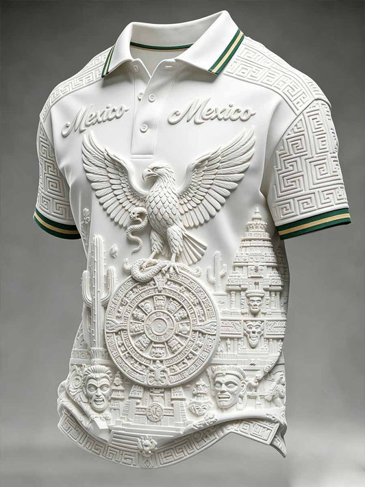 Polo casual para hombre con estampado de fútbol y diseño mexicano de tótem
