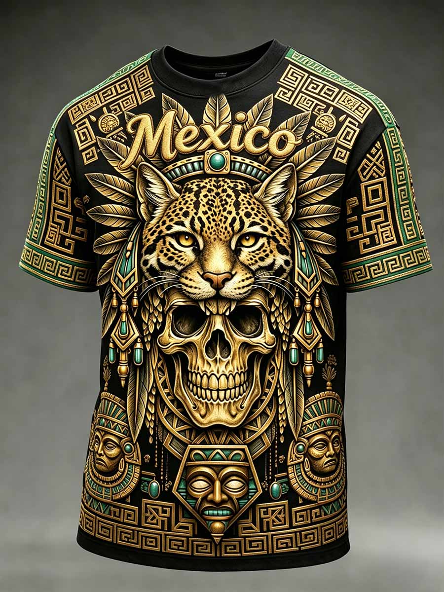 Camiseta casual para hombre con estampado de tótem mexicano