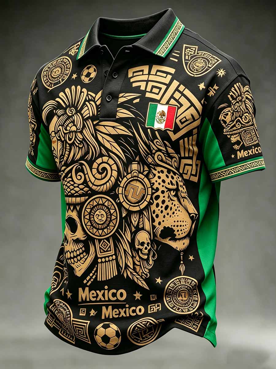 Polo casual para hombre con estampado de fútbol y diseño mexicano de tótem