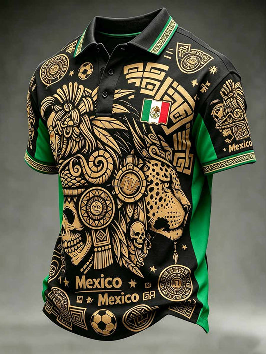Polo casual para hombre con estampado de fútbol y diseño mexicano de tótem