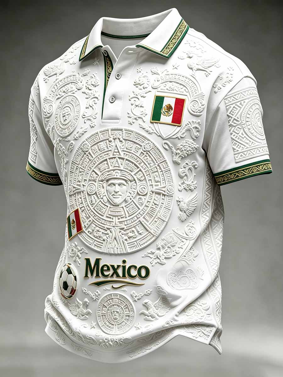 Polo casual para hombre con estampado de fútbol y diseño mexicano de tótem