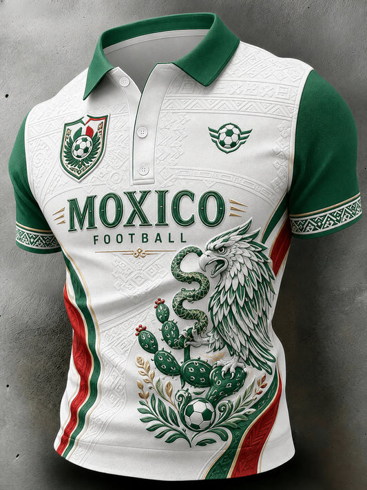 Polo casual de manga corta con estampado temático de fútbol para hombre