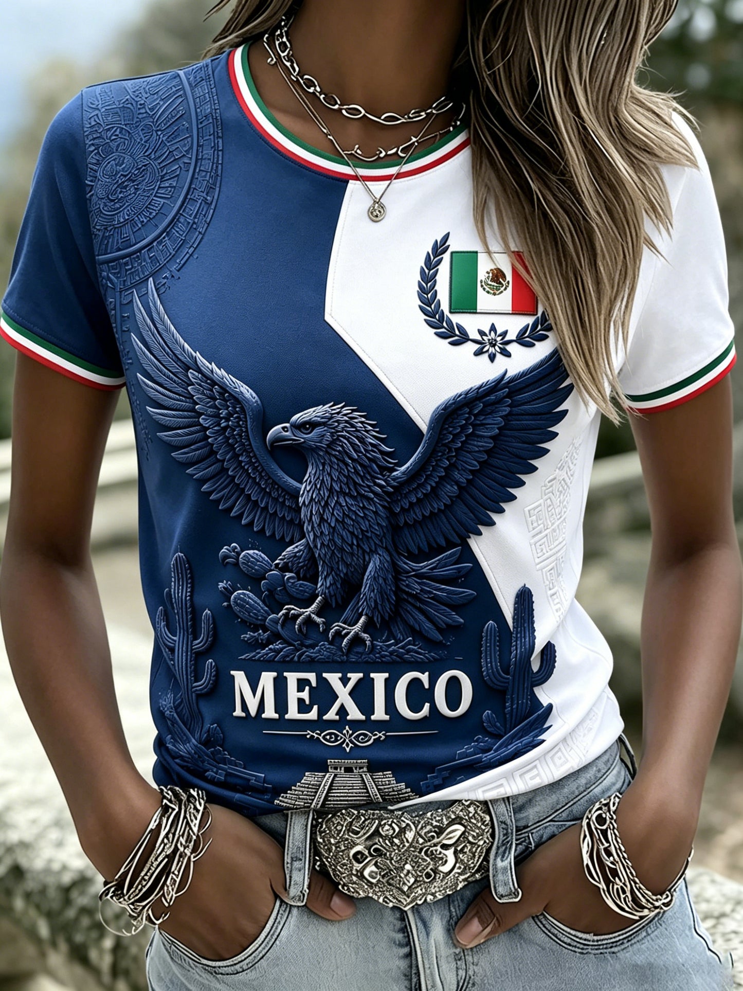 Camiseta con estampado de arte Cheering del partido de fútbol mexicano para mujer