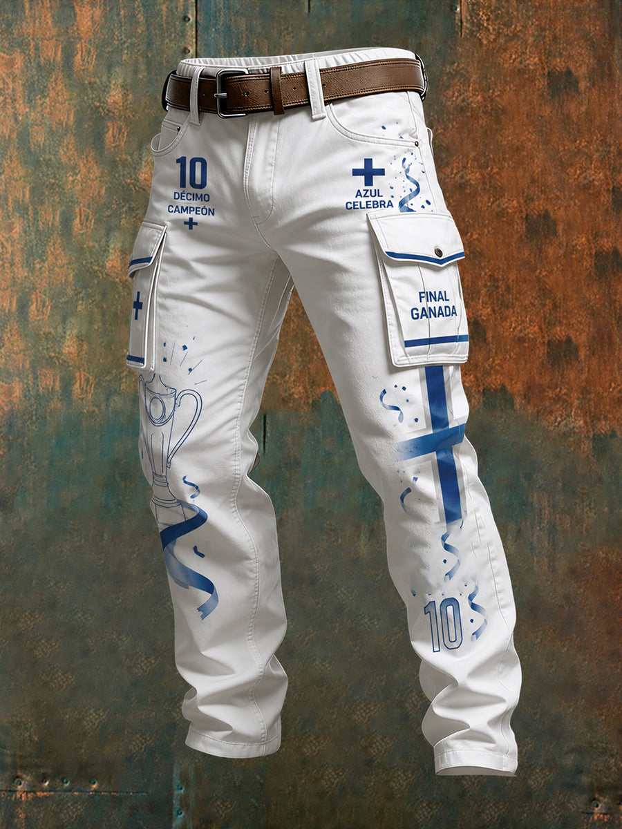 Pantalones largos tipo cargo de celebración con estampado deportivo de fútbol para hombre