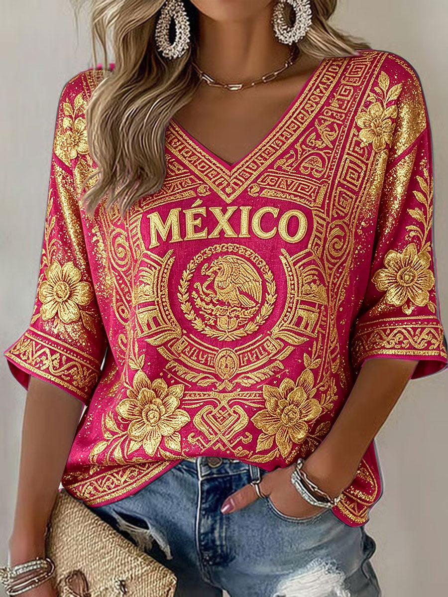 Camiseta estampada con diseño artístico de amor por el fútbol mexicano para mujer