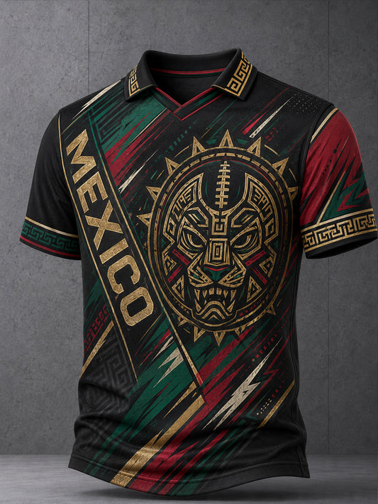 Camiseta de cuello en V con estampado artístico de aficionados mexicanos en un partido de fútbol