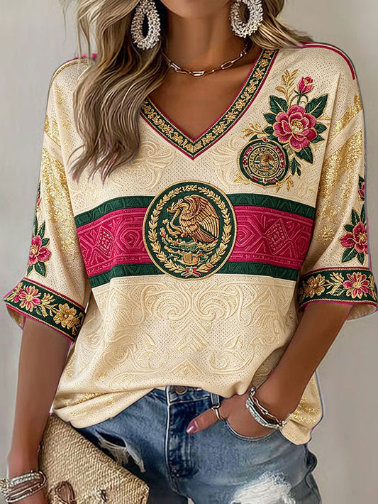 Camiseta estampada con diseño artístico de amor por el fútbol mexicano para mujer