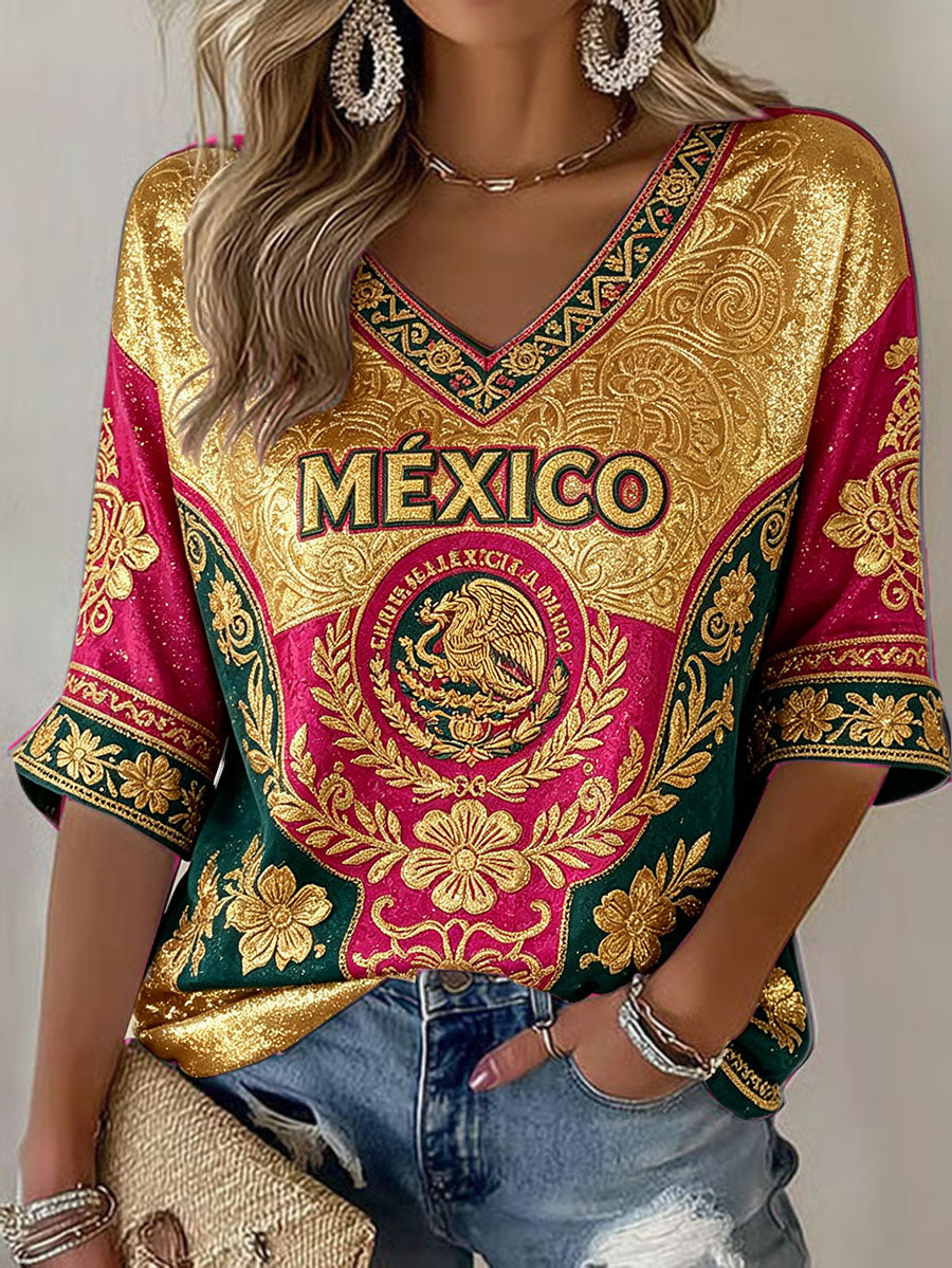 Camiseta estampada con diseño artístico de amor por el fútbol mexicano para mujer