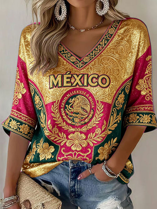 Camiseta estampada con diseño artístico de amor por el fútbol mexicano para mujer