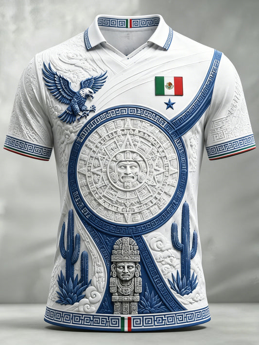 Camiseta de hombre con cuello en V y estampado en relieve con diseño artístico de la selección mexicana de fútbol