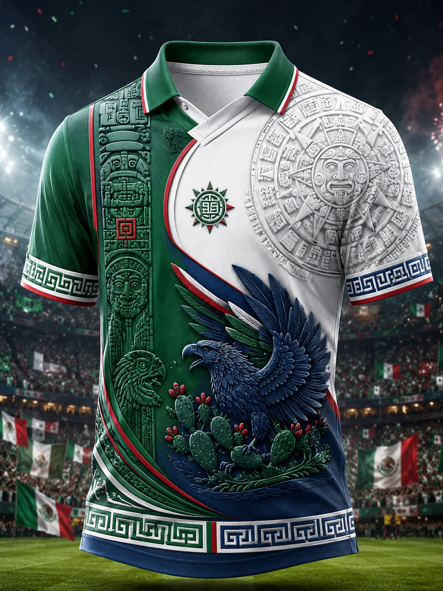 Camiseta de hombre con cuello en V y estampado en relieve con diseño artístico de la selección mexicana de fútbol
