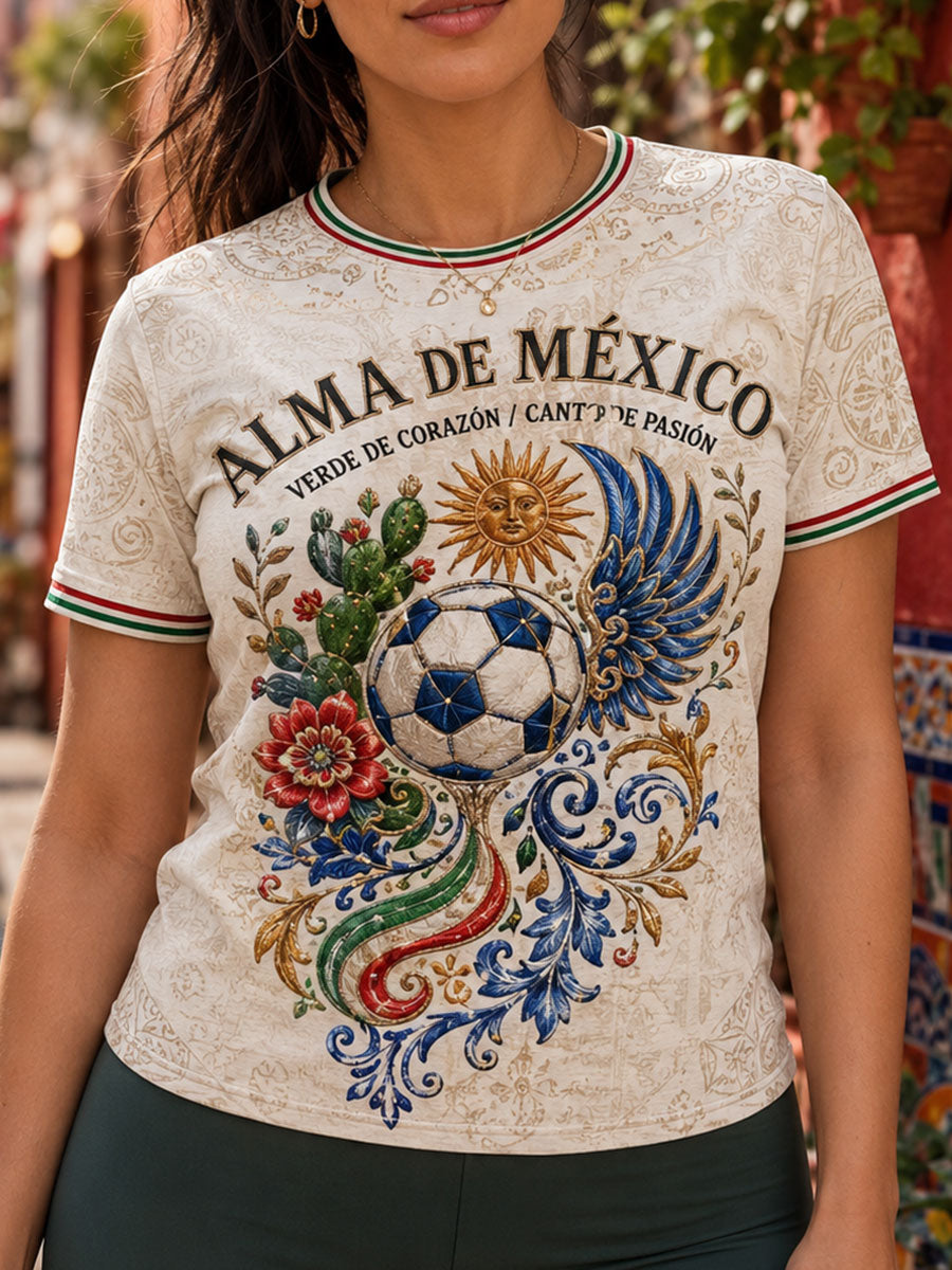Camiseta estampada con diseño artístico para amantes del fútbol mexicano, para mujer