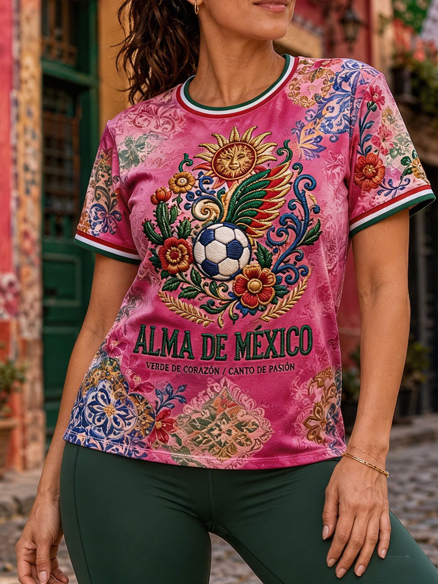 Camiseta estampada con diseño artístico para amantes del fútbol mexicano, para mujer