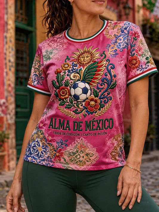Camiseta estampada con diseño artístico para amantes del fútbol mexicano, para mujer