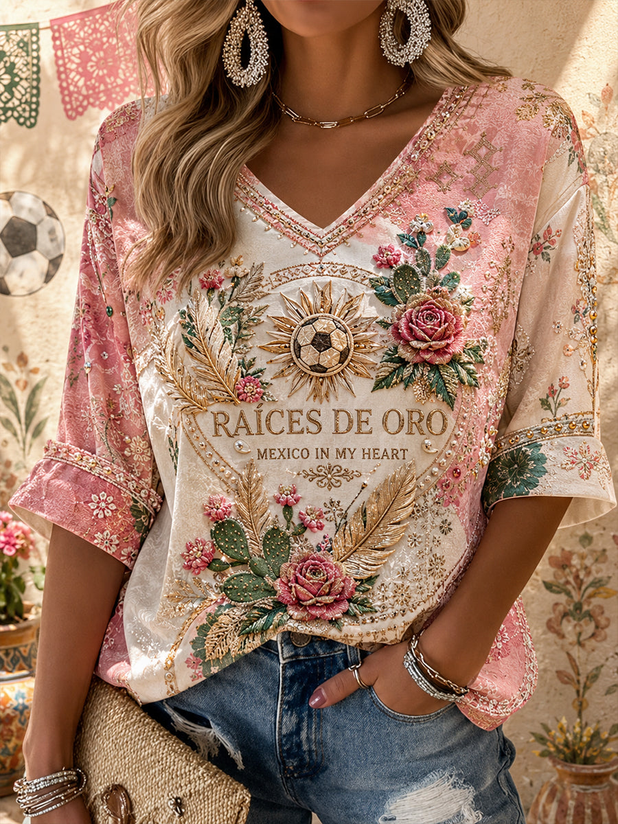Camiseta estampada con diseño artístico para amantes del fútbol mexicano, para mujer