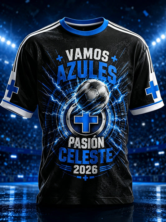 Camiseta estampada con diseño artístico sobre la cultura futbolística mexicana de los aficionados del Cruz Azul para hombre