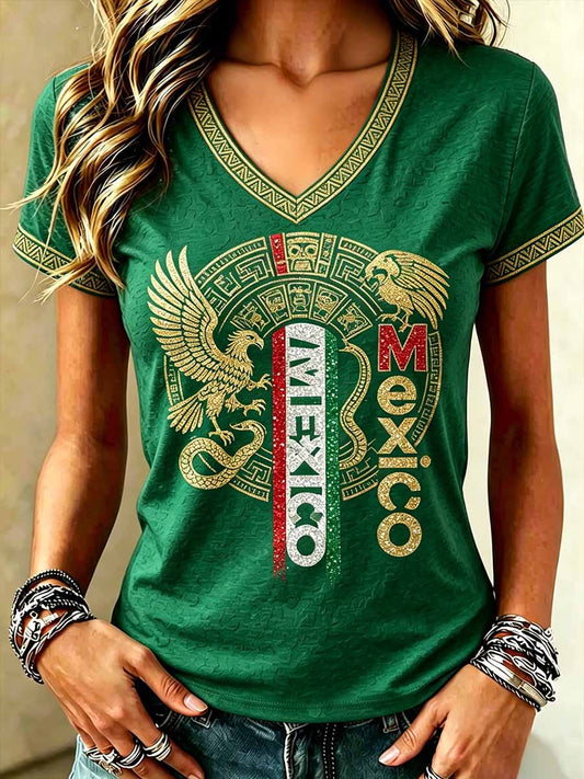 Camiseta estampada de arte tribal mexicano para mujer