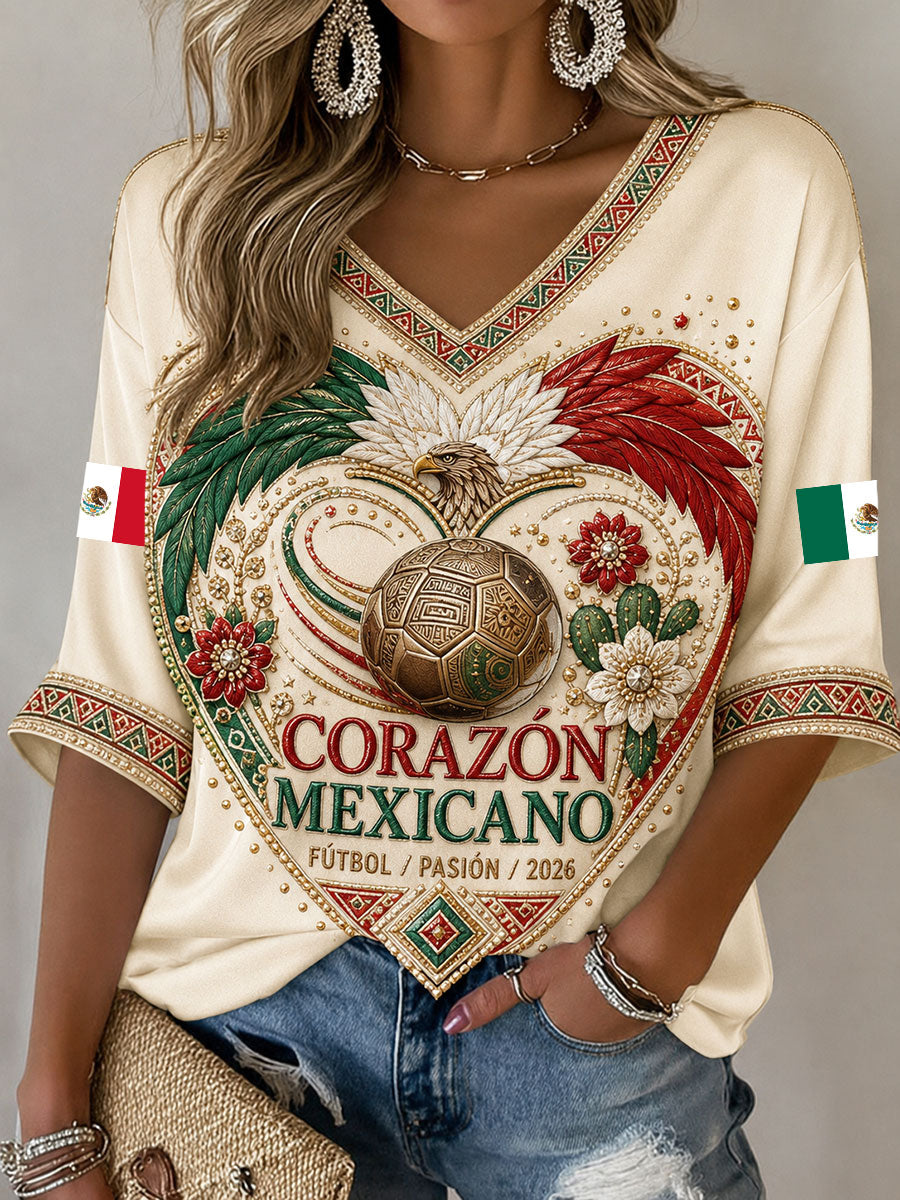 Camiseta estampada con diseño artístico para amantes del fútbol mexicano, para mujer